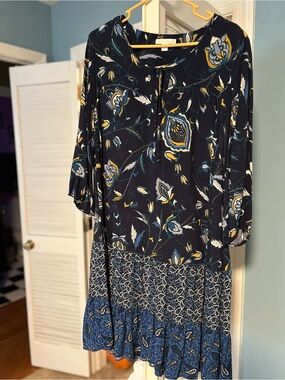 Westport Navy Floral Tiered Midi Dress with Blue and Yellow Accents